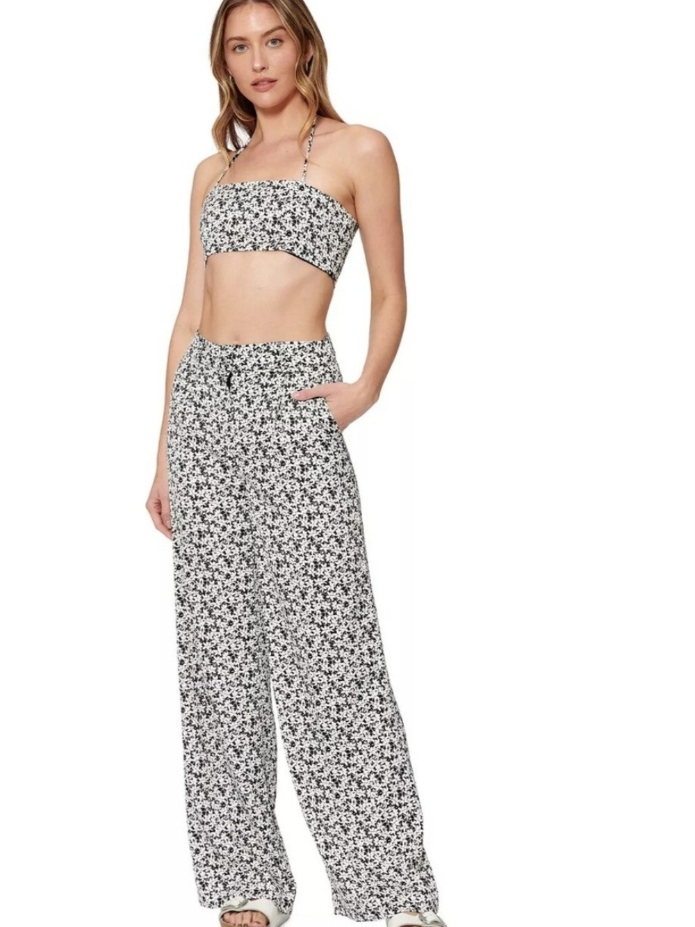 Bar III Black & White Floral Wide-Leg Lounge Pants